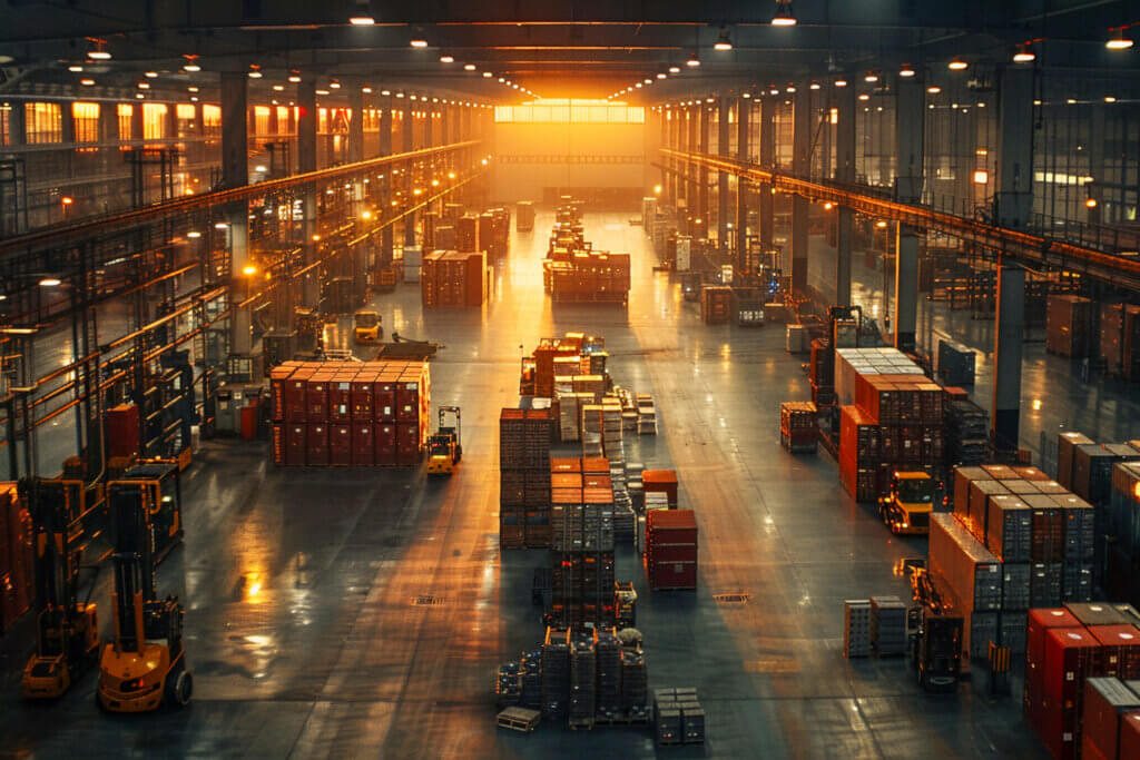Modern warehouse with stacked containers and forklifts.