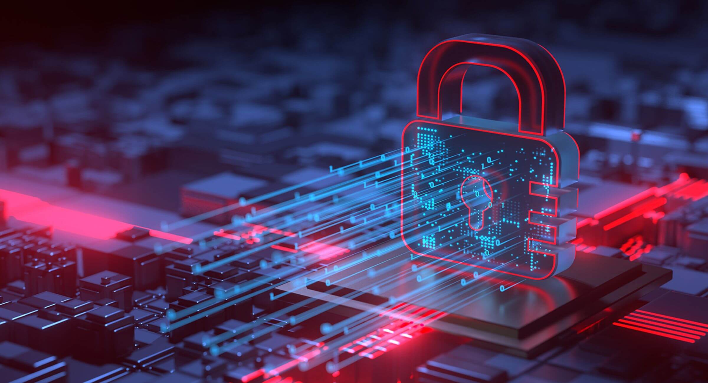 Digital cybersecurity padlock over circuit board design